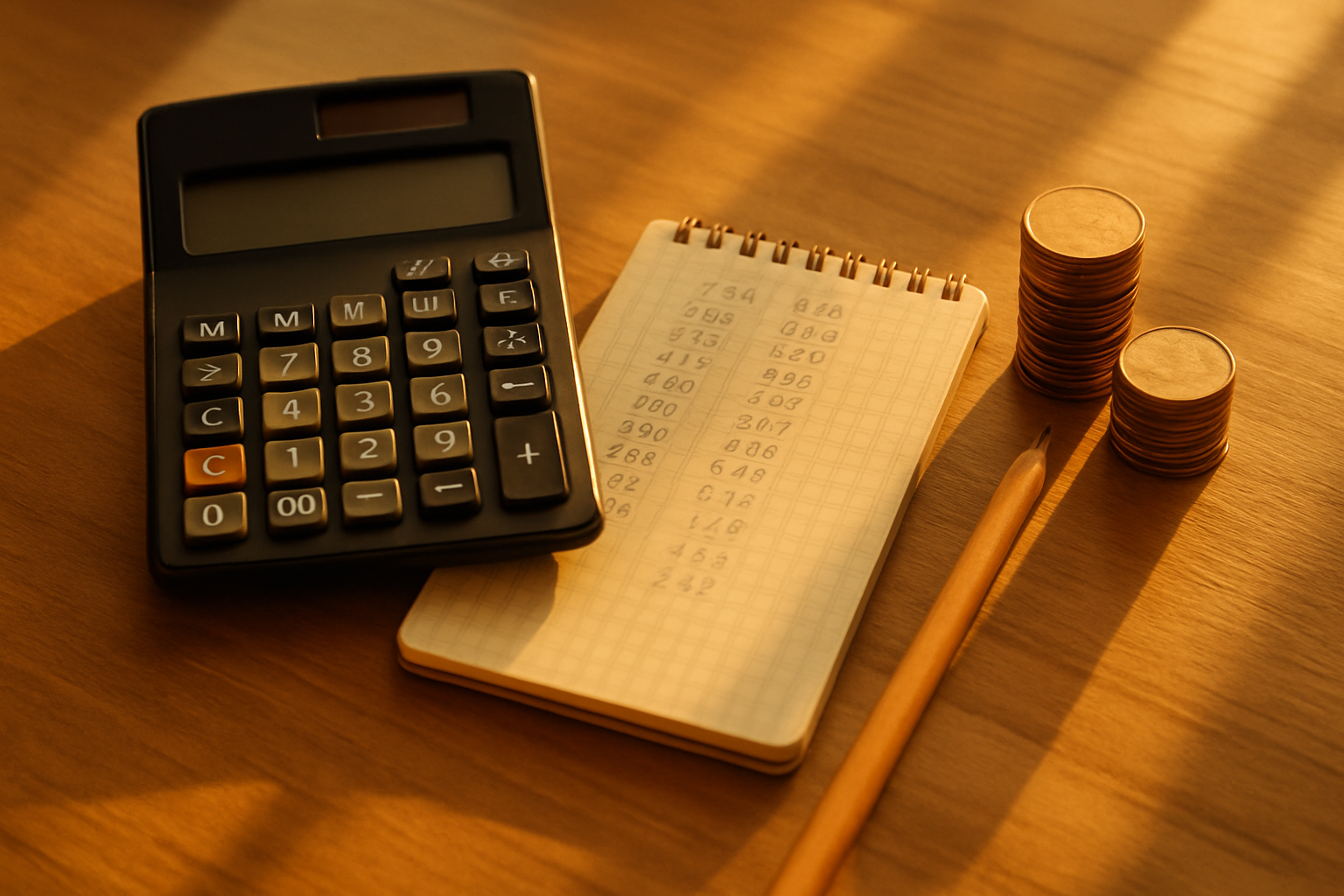 A calculator, notebook and two stacks of coins arranged on a desk to represent comparing earnings.