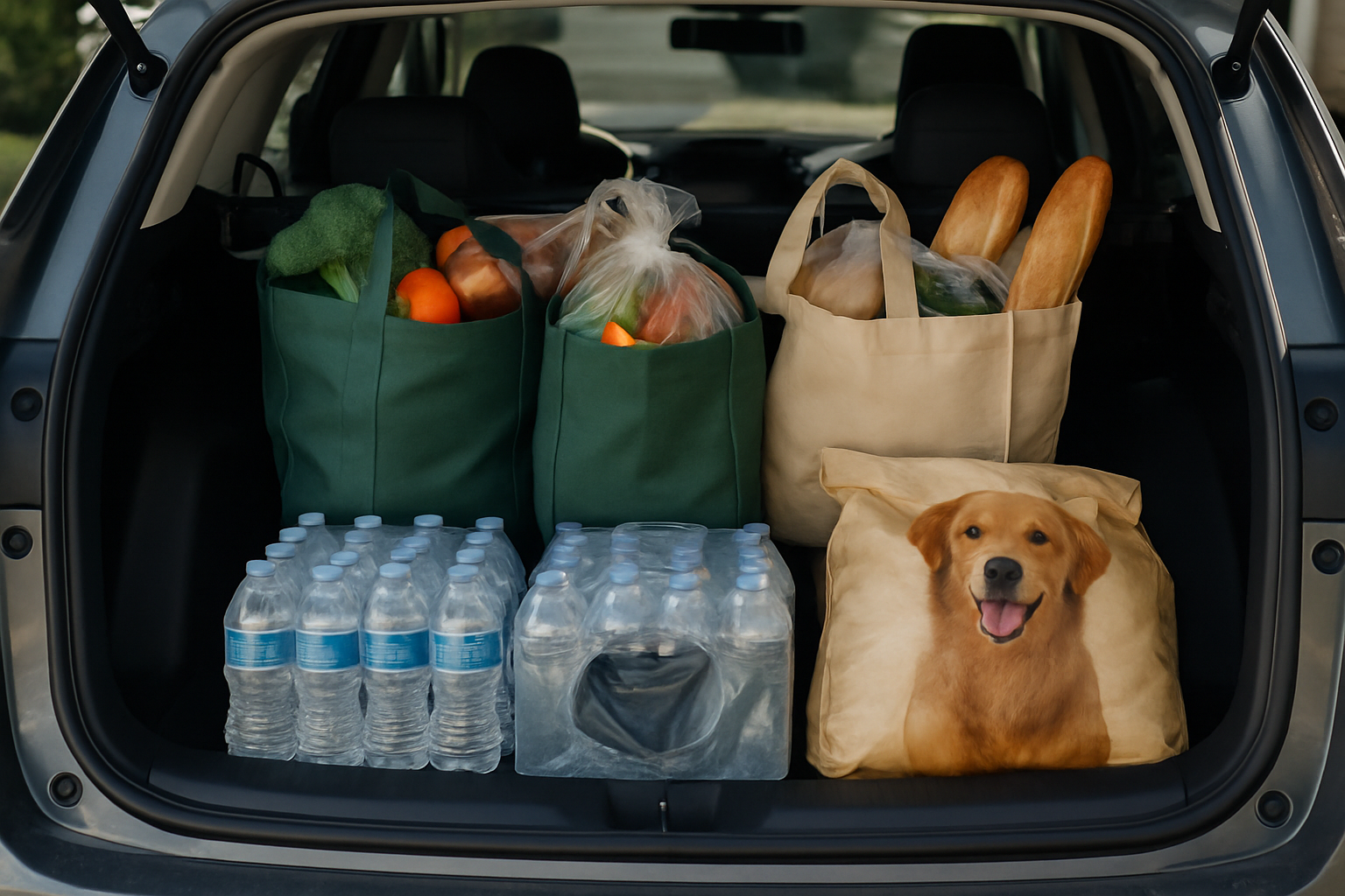 A car trunk packed neatly with heavy grocery items at the bottom and lighter bags on top