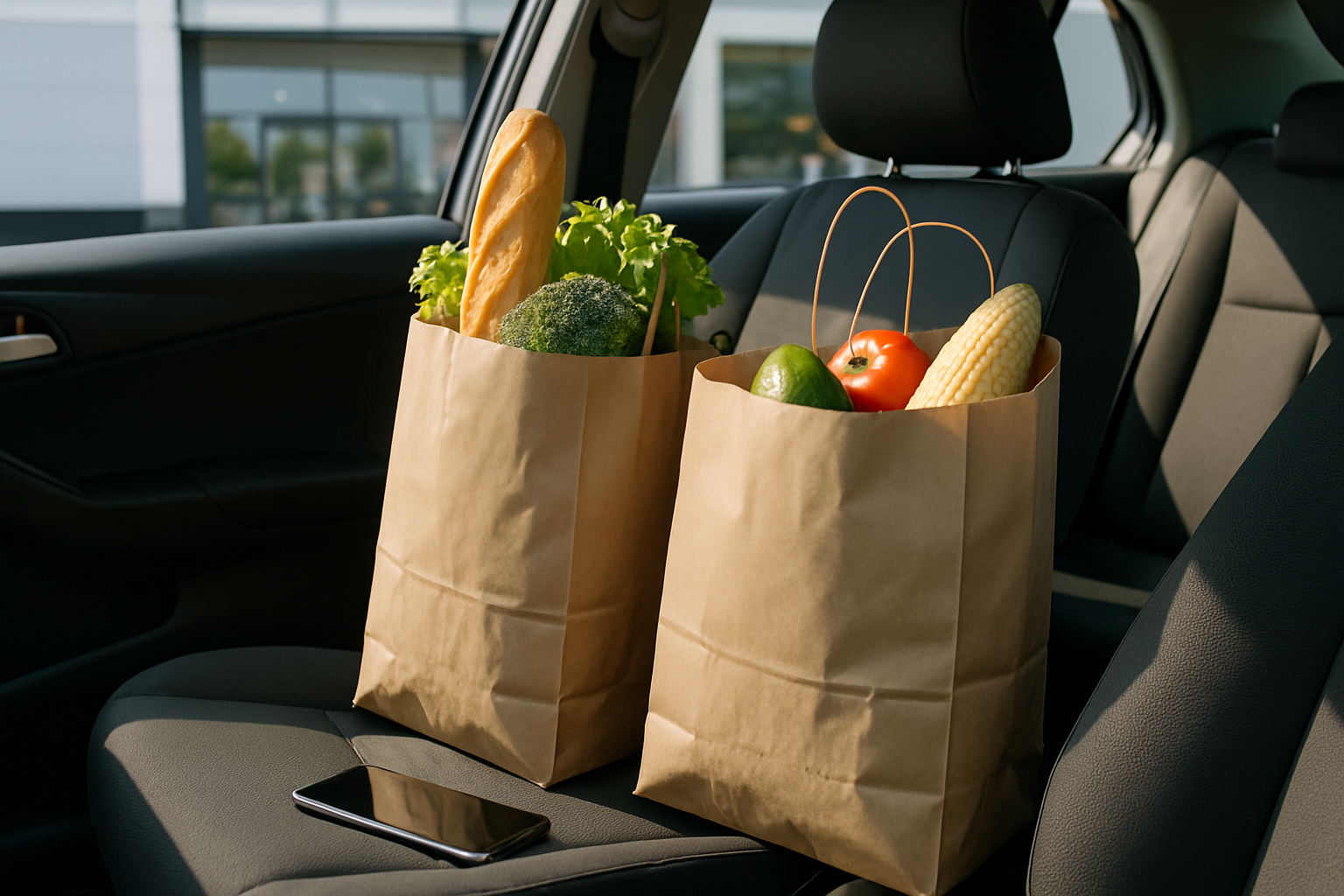 Grocery bags and a smartphone on a car seat outside a supermarket, ready for delivery